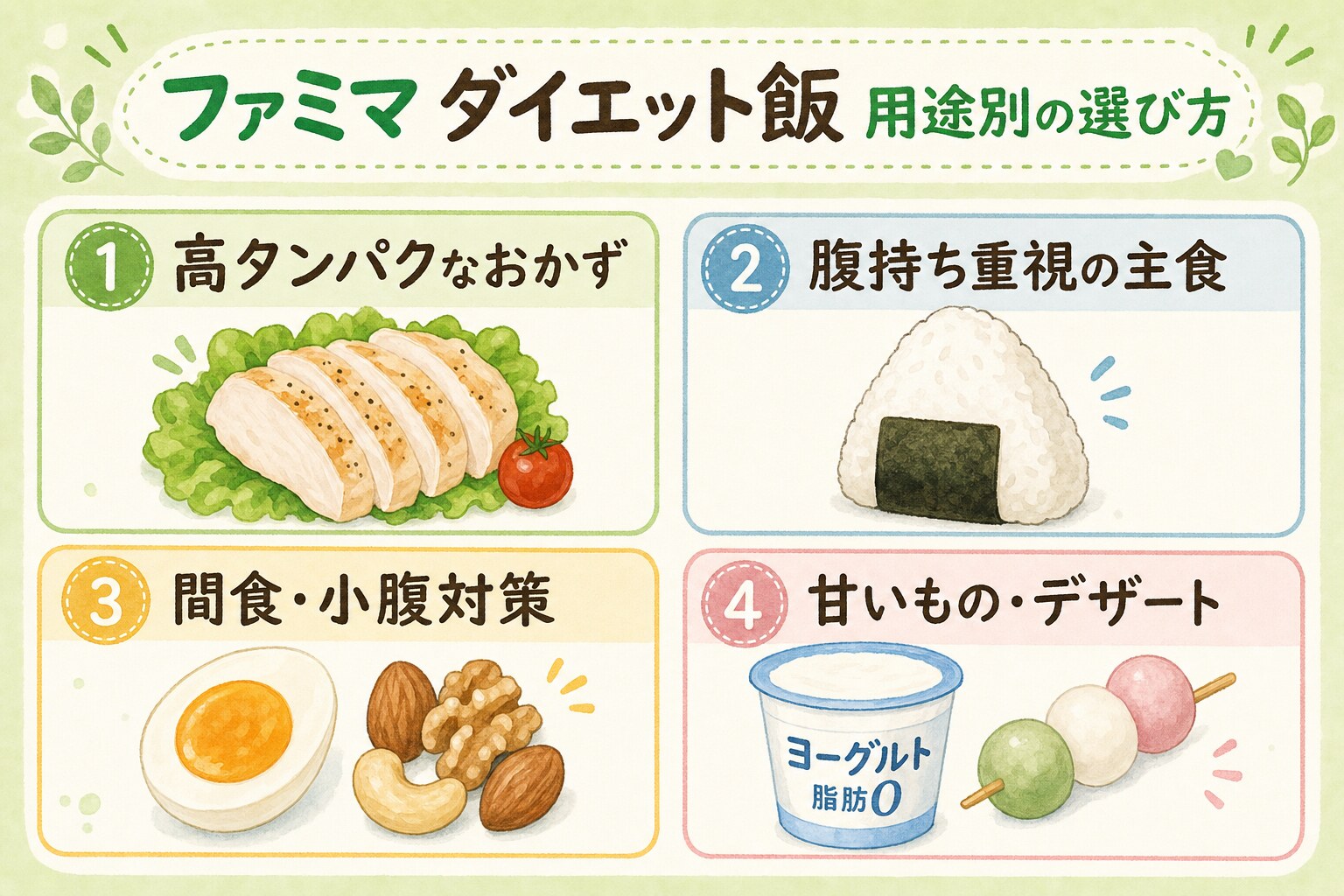 ファミマのダイエット飯を用途別（高タンパクなおかず・腹持ち重視の主食・間食小腹対策・甘いものデザート）に分けた選び方の図解