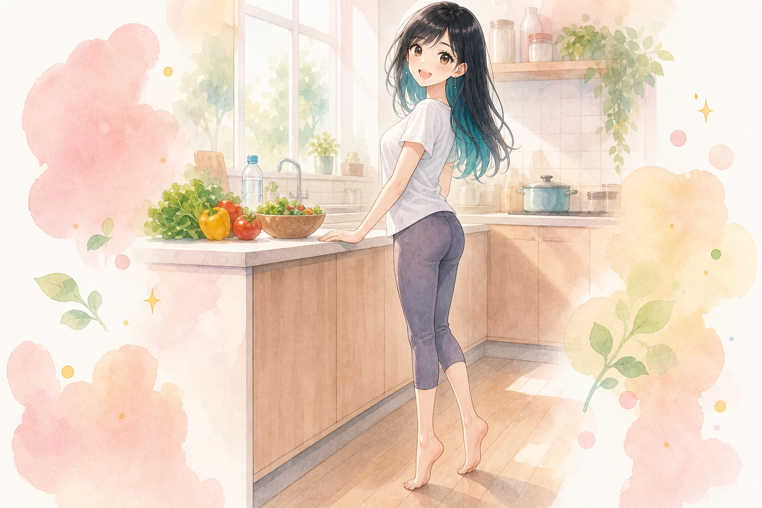 キッチンでかかとの上げ下げ運動(カーフレイズ)をする女性のイラスト