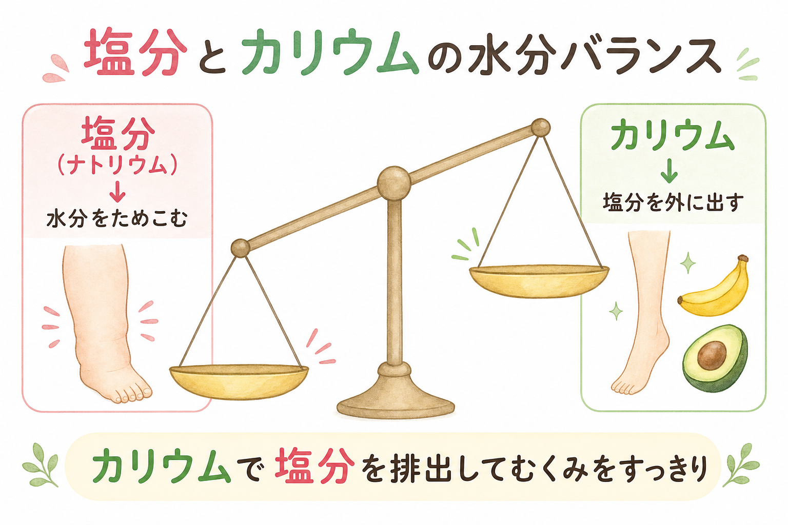 塩分(ナトリウム)とカリウムの水分バランスを天秤で表した図解