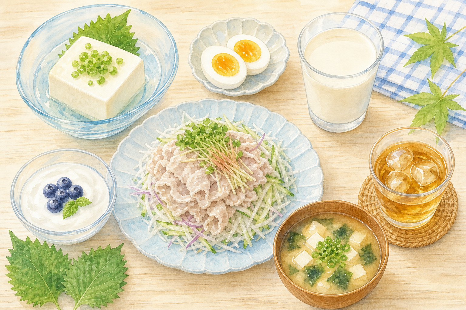夏バテで食欲がない時でも食べやすい冷奴・ゆで卵・豆乳・ヨーグルト・冷しゃぶ・味噌汁を並べたテーブル