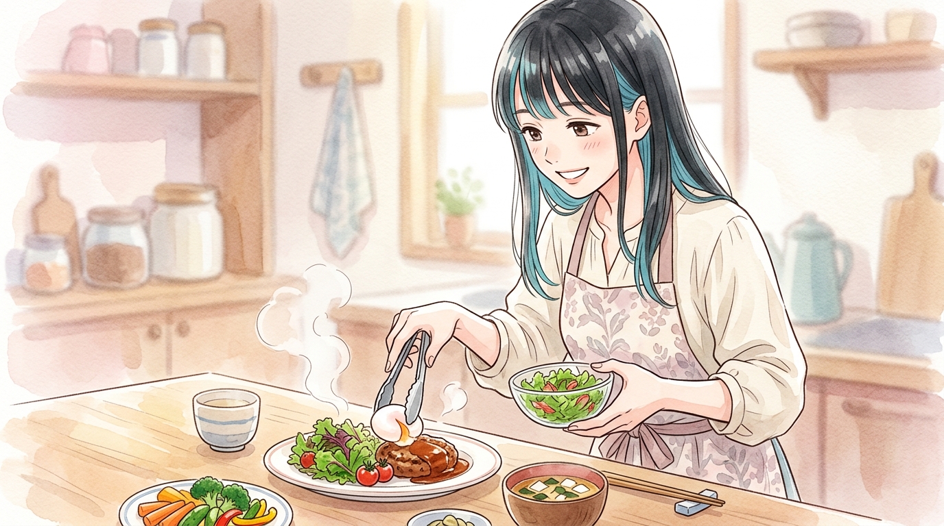 ナッシュを皿に盛り替え、サラダやゆで卵を添えてアレンジする女性のイラスト