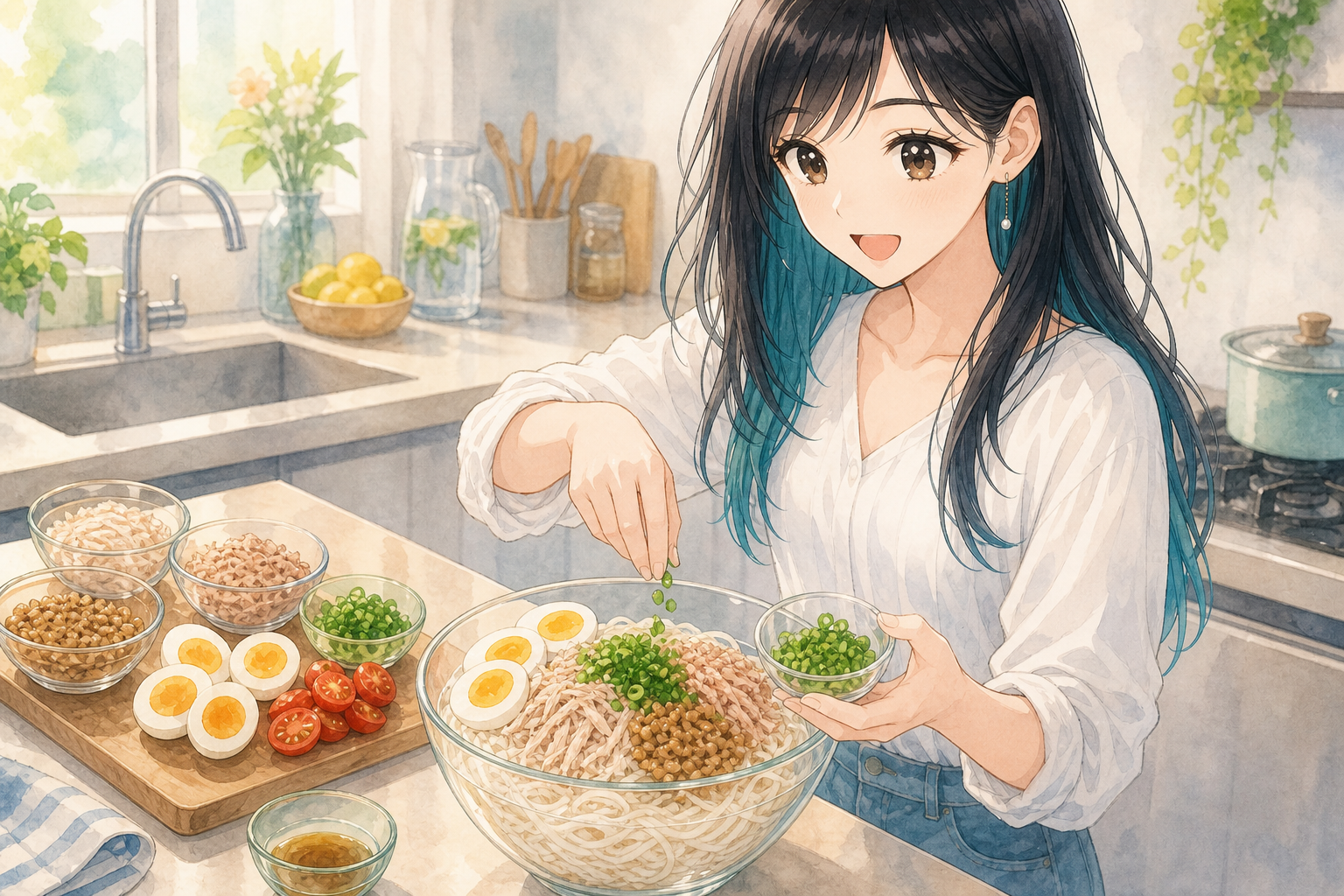 そうめんに卵・ツナ・蒸し鶏・納豆・トマトなどのタンパク質トッピングをのせる様子