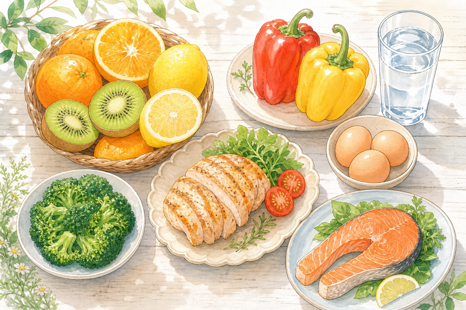 日焼け後の回復を助けるビタミンC・たんぱく質を含む食材のイラスト
